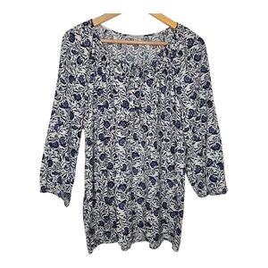 Anne Carson Womens Blue Floral Print Linen Blend Tunic Blouse Size XL
